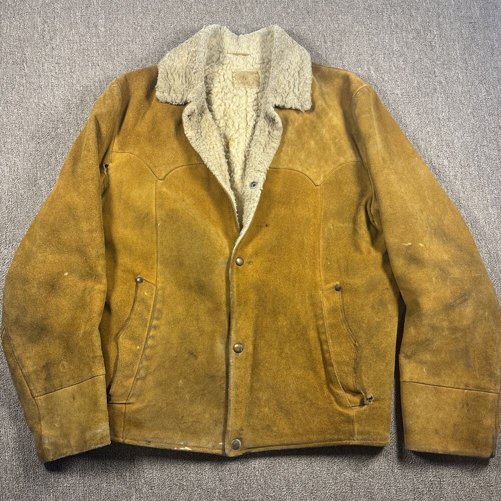 Vintage 70s Pioneer Wear Suede Sherpa Ranch Coat Western Jacket 21x25 Distressed